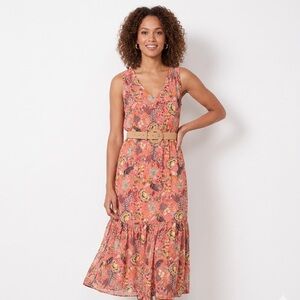 EVEREVE Brielle Floral Midi Dress Small Coral Sleeveless Smocked Pockets